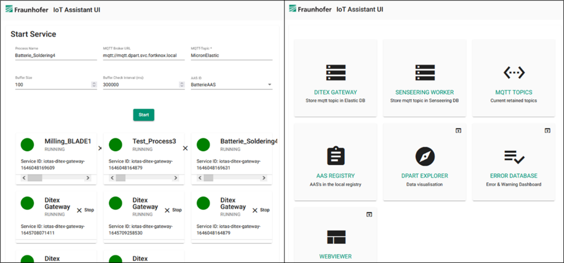 The image displays a user interface titled "Fraunhofer IoT Assistant UI" divided into two sections. The left section contains a form titled "Start Service" with fields for process name, MQTT broker URL, buffer size, buffer check interval, and AAS ID. Below it are status boxes for various services, such as "Milling_BLADE1," "Test_Process3," and "Ditex Gateway," each marked with a green circle indicating they are running or an option to stop them. The right section features multiple square buttons labeled "DITEX GATEWAY," "SENSEERING WORKER," "MQTT TOPICS," "AAS REGISTRY," "DPART Explorer," and "ERROR DATABASE," each accompanied by icons and descriptions related to their functions. The overall color scheme is a clean white background with green, black, and teal accents.